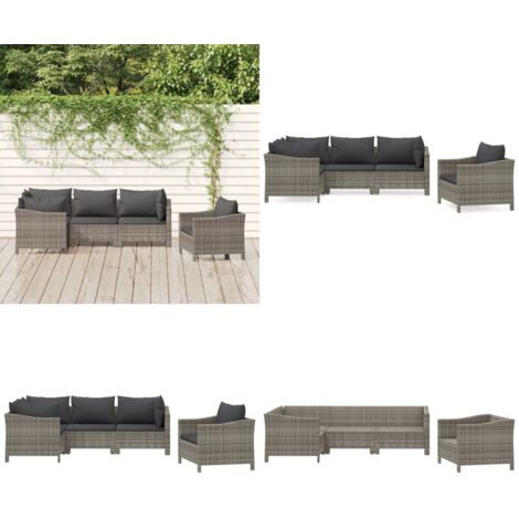 Set Divani da Giardino 5 pz con Cuscini in Polyrattan Grigio - Poltrona da giardino - Cuscino da giardino
