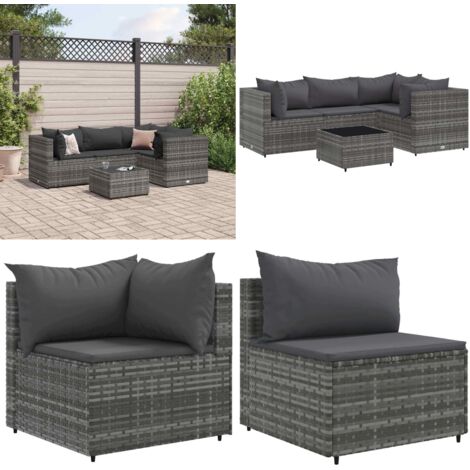 Set Divani da Giardino 5 pz con Cuscini in Polyrattan Grigio - Set di mobili da esterno - Divano angolare