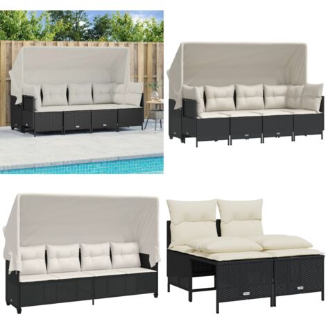 Set Divani da Giardino 5 pz con Cuscini in Polyrattan Nero - Divano con baldacchino - Cuscini da seduta