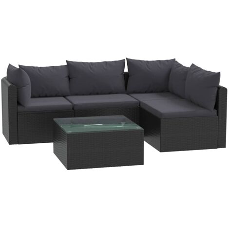 Set Divani da Giardino 5 pz con Cuscini in Polyrattan Nero vidaXL