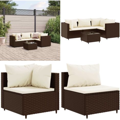 Set Divani da Giardino 5 pz con Cuscini Marrone in Polyrattan - Divano angolare - Tavolo da giardino