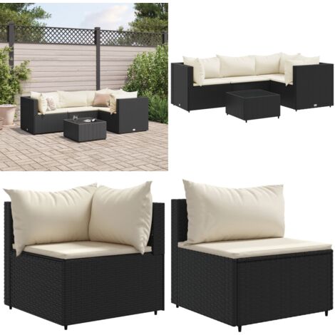 Set Divani da Giardino 5 pz con Cuscini Nero in Polyrattan - Set di mobili da esterno - Divano angolare