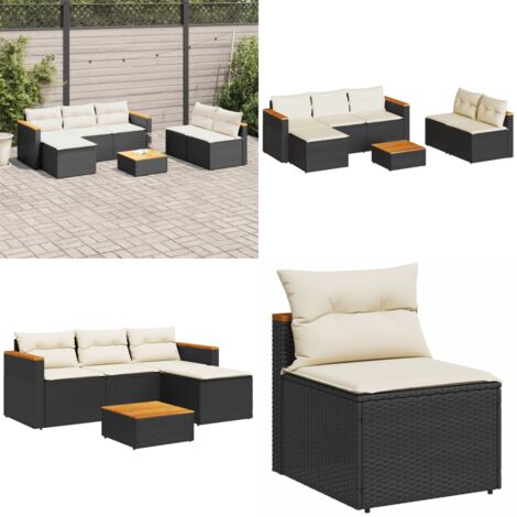 Set Divani da Giardino 5 pz con Cuscini Nero Polyrattan Acacia - Divano da esterno - Cuscini da seduta