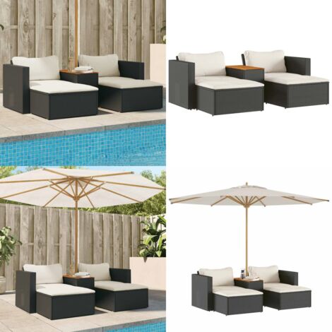 Set Divani da Giardino 5 pz con Cuscini Nero Polyrattan Acacia - Poltrona da giardino - Cuscini da seduta