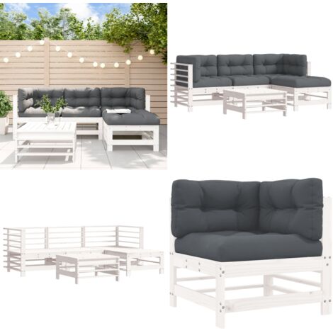 Set Divani da Giardino 5pz con Cuscini in Legno Massello Bianco - Divano in legno - Cuscini in legno