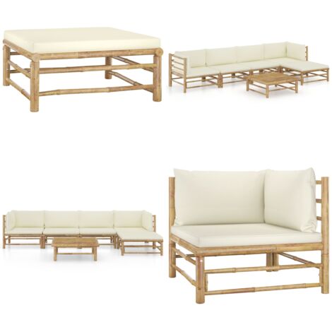 Set Divani da Giardino 6 pz con Cuscini Bianco Crema in Bambù - Set da giardino - Cuscini da giardino