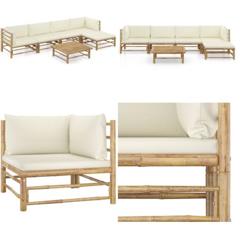 Set Divani da Giardino 6 pz con Cuscini Bianco Crema in Bambù - Set da giardino - Cuscini da giardino