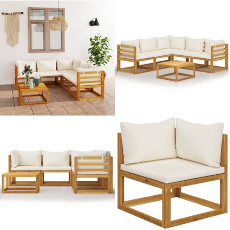 Set Divani da Giardino 6 pz con Cuscini Crema Massello Acacia - Divano in legno - Divano angolare