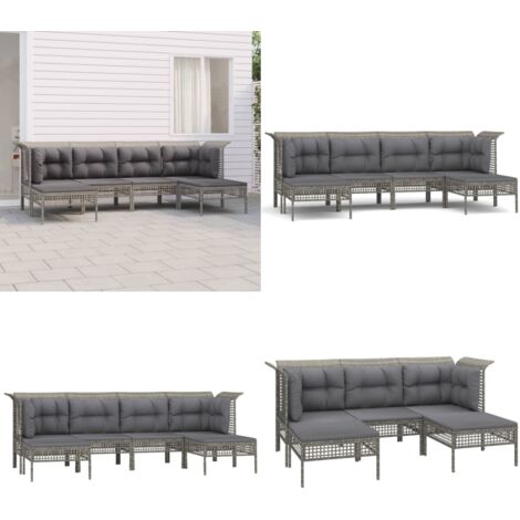 Set Divani da Giardino 6 pz con Cuscini in Polyrattan Grigio - Set di divani - Polyrattan