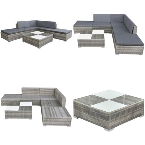 Set Divani da Giardino 6 pz con Cuscini in Polyrattan Grigio - Tavolino da giardino - Sgabello da giardino