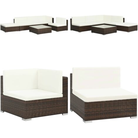 Set Divani da Giardino 6 pz con Cuscini in Polyrattan Marrone - Divano angolare - Divano centrale