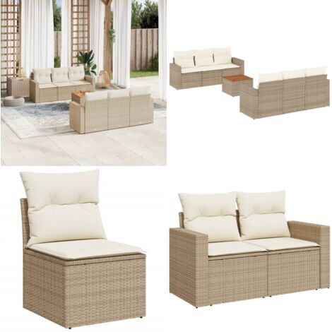 Set Divani da Giardino 7 pz con Cuscini Beige in Polyrattan - Sedute da giardino - Tavolo da giardino