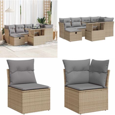 Set Divani da Giardino 7 pz con Cuscini Beige in Polyrattan - Sedute da giardino - Tavolo da giardino