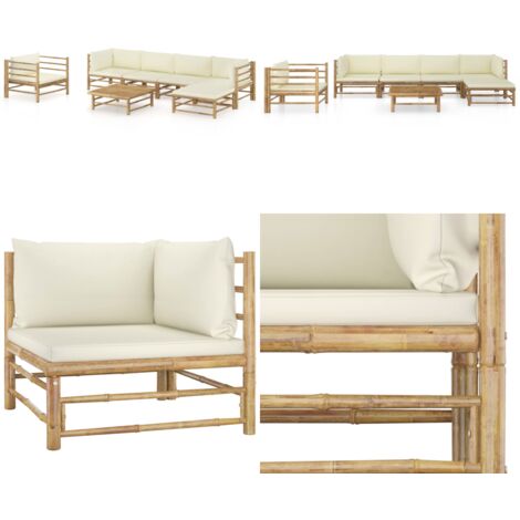 Set Divani da Giardino 7 pz con Cuscini Bianco Crema in Bambù - Set da giardino - Cuscini da giardino