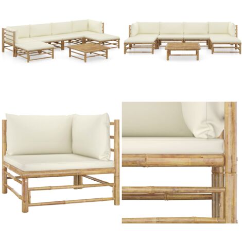 Set Divani da Giardino 7 pz con Cuscini Bianco Crema in Bambù - Set divani da giardino - Cuscini da giardino bambù