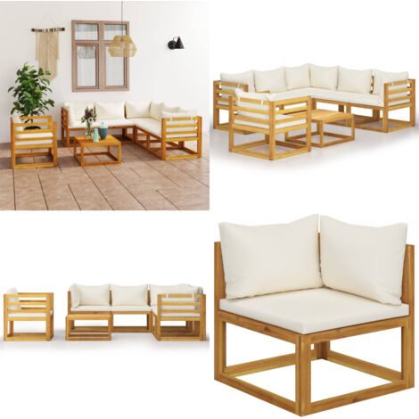 Set Divani da Giardino 7 pz con Cuscini Crema Massello Acacia - Divano in legno - Cuscini da giardino