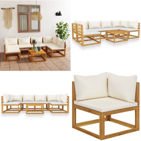 Set Divani da Giardino 7 pz con Cuscini Crema Massello Acacia - Divano in legno - Cuscini da giardino