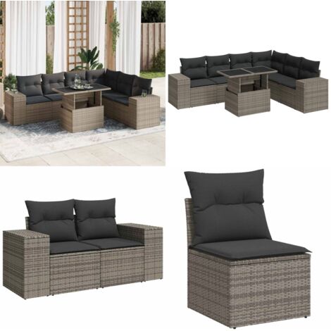 Set Divani da Giardino 7 pz con Cuscini Grigio in Polyrattan - Seduta angolare - Tavolo da giardino