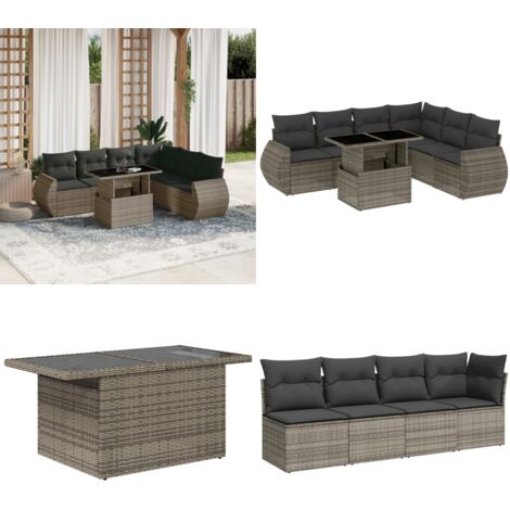 Set Divani da Giardino 7 pz con Cuscini Grigio in Polyrattan - Seduta angolare - Tavolo da giardino