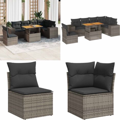 Set Divani da Giardino 7 pz con Cuscini Grigio in Polyrattan - Sedute angolari - Tavolo da giardino