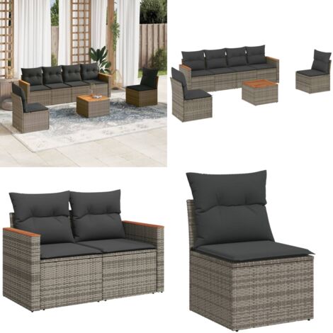 Set Divani da Giardino 7 pz con Cuscini Grigio in Polyrattan - Sedute da esterno - Tavolo da giardino