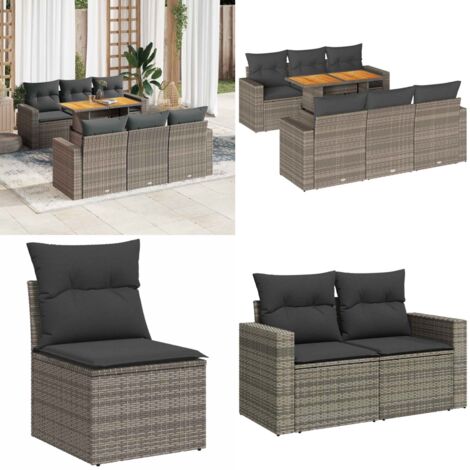 Set Divani da Giardino 7 pz con Cuscini Grigio in Polyrattan - Sedute da esterno - Tavolo da giardino