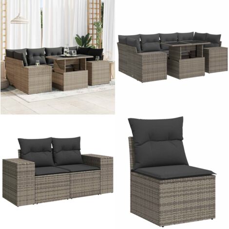 Set Divani da Giardino 7 pz con Cuscini Grigio in Polyrattan - Sedute da esterno - Tavolo da giardino