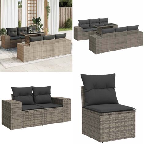 Set Divani da Giardino 7 pz con Cuscini Grigio in Polyrattan - Sedute da esterno - Tavolo da giardino