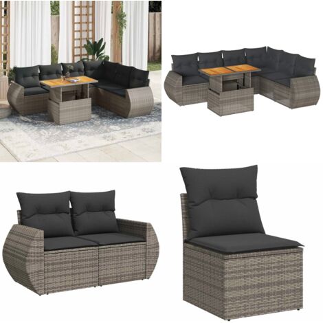 Set Divani da Giardino 7 pz con Cuscini Grigio in Polyrattan - Sedute da esterno - Tavolo da giardino