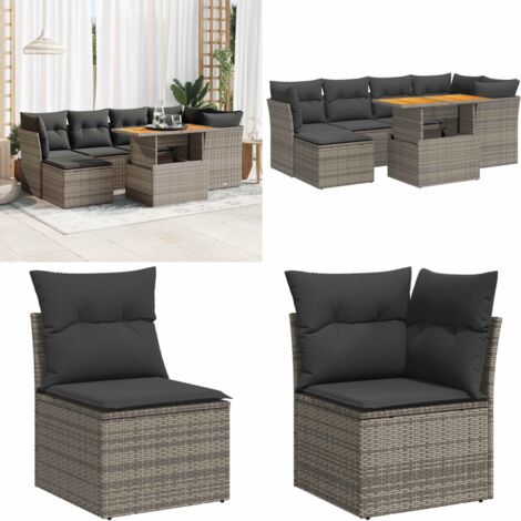 Set Divani da Giardino 7 pz con Cuscini Grigio in Polyrattan - Sedute da esterno - Tavolo da giardino
