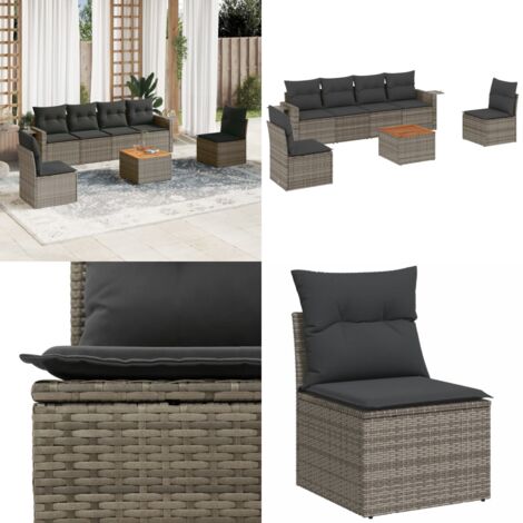 Set Divani da Giardino 7 pz con Cuscini Grigio in Polyrattan - Sedute da esterno - Tavolo da giardino
