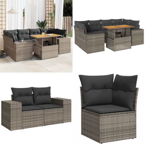 Set Divani da Giardino 7 pz con Cuscini Grigio in Polyrattan - Sedute da esterno - Tavolo da giardino