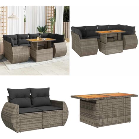 Set Divani da Giardino 7 pz con Cuscini Grigio in Polyrattan - Sedute da esterno - Tavolo da giardino