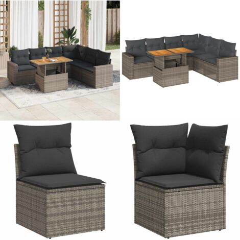 Set Divani da Giardino 7 pz con Cuscini Grigio in Polyrattan - Sedute da esterno - Tavolo da giardino