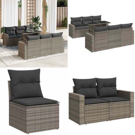 Set Divani da Giardino 7 pz con Cuscini Grigio in Polyrattan - Sedute da esterno - Tavolo da giardino