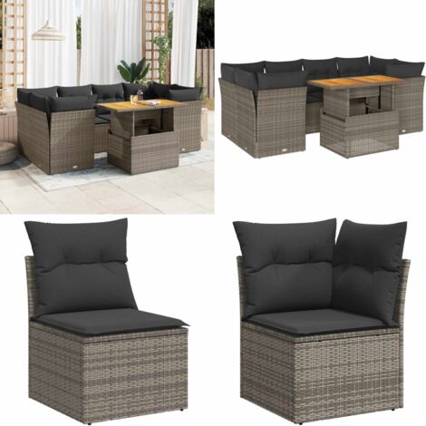 Set Divani da Giardino 7 pz con Cuscini Grigio in Polyrattan - Sedute da esterno - Tavolo da giardino