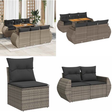 Set Divani da Giardino 7 pz con Cuscini Grigio in Polyrattan - Sedute da esterno - Tavolo da giardino