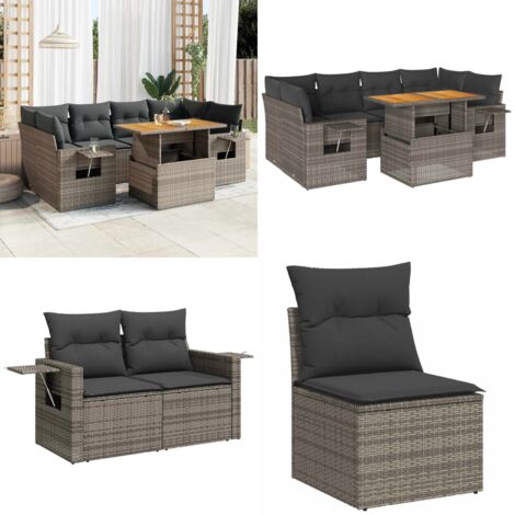 Set Divani da Giardino 7 pz con Cuscini Grigio in Polyrattan - Sedute da esterno - Tavolo da giardino
