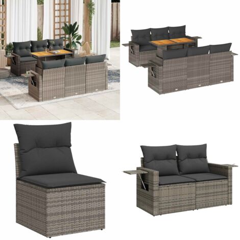 Set Divani da Giardino 7 pz con Cuscini Grigio in Polyrattan - Sedute da esterno - Tavolo da giardino