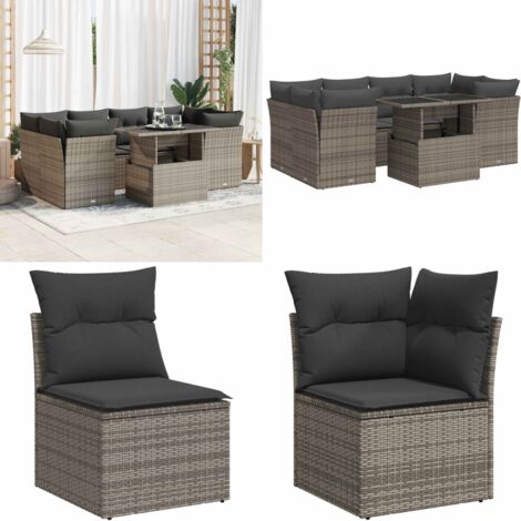 Set Divani da Giardino 7 pz con Cuscini Grigio in Polyrattan - Sedute da esterno - Tavolo da giardino