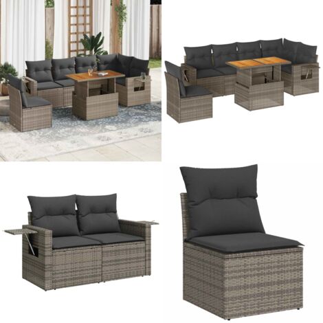 Set Divani da Giardino 7 pz con Cuscini Grigio in Polyrattan - Sedute da esterno - Tavolo da giardino