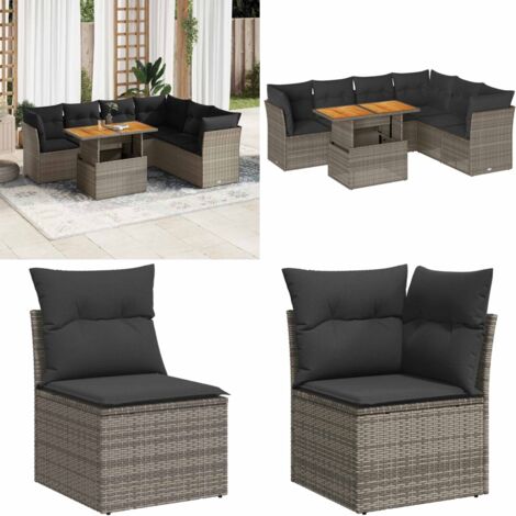 Set Divani da Giardino 7 pz con Cuscini Grigio in Polyrattan - Sedute da esterno - Tavolo da giardino