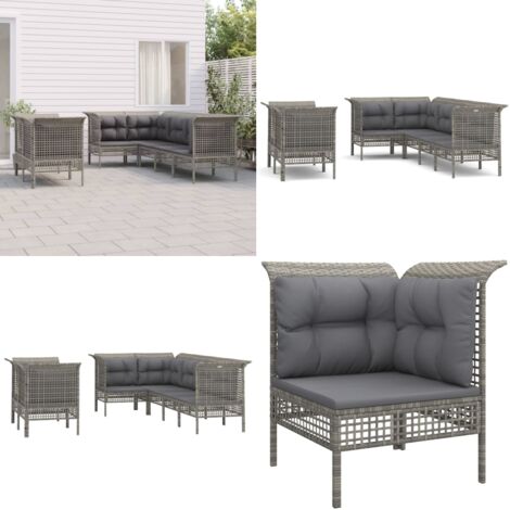 Set Divani da Giardino 7 pz con Cuscini in Polyrattan Grigio - Divano angolare - Divano centrale