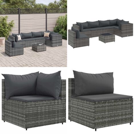 Set Divani da Giardino 7 pz con Cuscini in Polyrattan Grigio - Set di mobili da esterno - Divano angolare