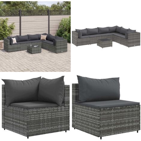 Set Divani da Giardino 7 pz con Cuscini in Polyrattan Grigio - Set di mobili da esterno - Divano angolare