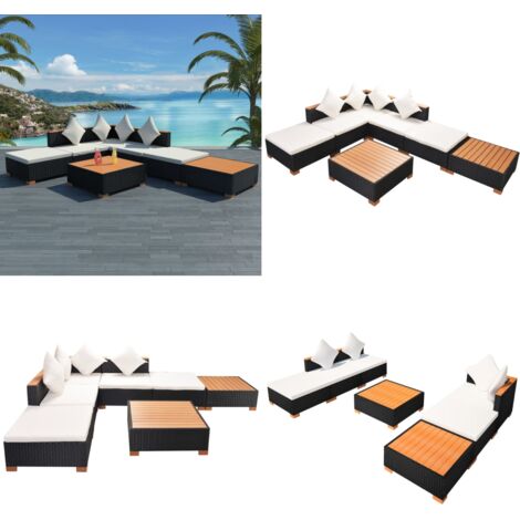 Set Divani da Giardino 7 pz con Cuscini in Polyrattan Nero - Divano esterno - Rattan