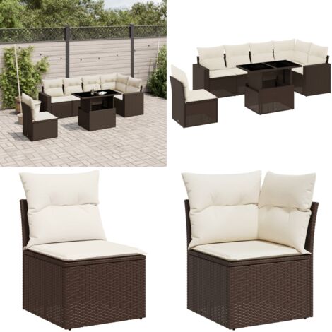 Set Divani da Giardino 7 pz con Cuscini Marrone in Polyrattan - Poltrona da giardino - Tavolo da giardino