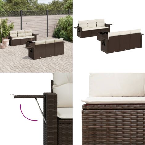 Set Divani da Giardino 7 pz con Cuscini Marrone in Polyrattan - Poltrone da giardino - Tavolo da giardino
