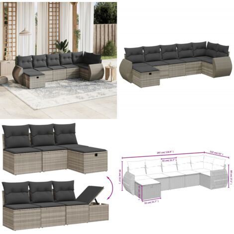 Set Divani da Giardino 7pz con Cuscini Grigio Chiaro Polyrattan - Poltrona da giardino - Cuscino da seduta