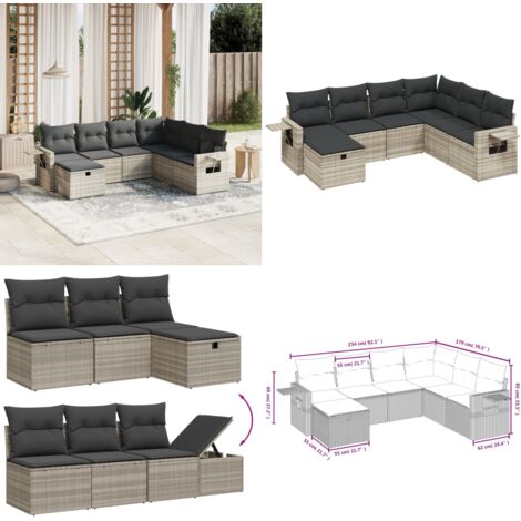 Set Divani da Giardino 7pz con Cuscini Grigio Chiaro Polyrattan - Poltrona da giardino - Cuscino da seduta